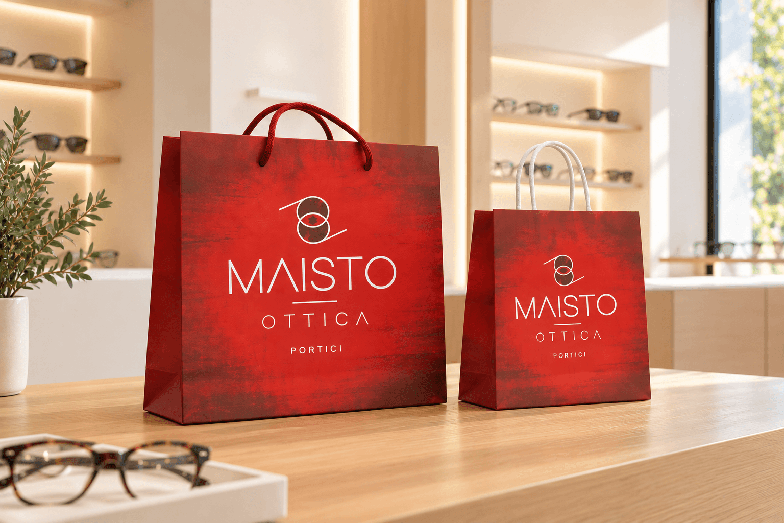 Esposizione di shoppers rosse premium per occhiali